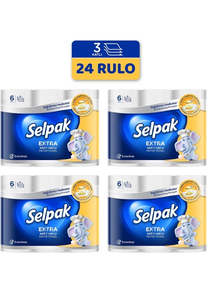 Extra 3 Katlı Kağıt Havlu 6 Lı x 4 Adet (24 Rulo)