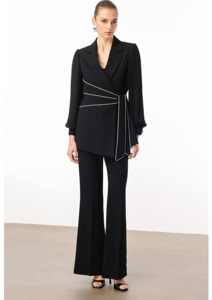 Moda Ilgi Kadın Kolları Piliseli Şerit Aksesuarlı Ceket 5008 Siyah