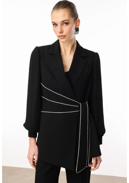 Moda Ilgi Kadın Kolları Piliseli Şerit Aksesuarlı Ceket 5008 Siyah modelleri