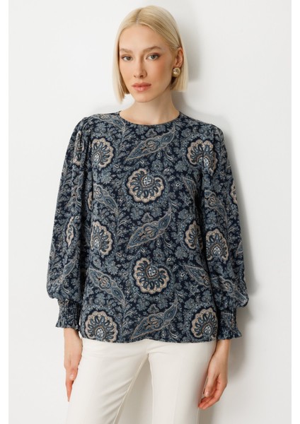 Kadın Desenli Balon Kol Bluz 3017 Lacivert