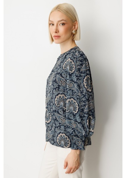 Kadın Desenli Balon Kol Bluz 3017 Lacivert fiyatları