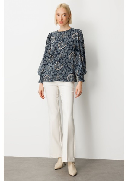 Kadın Desenli Balon Kol Bluz 3017 Lacivert modelleri