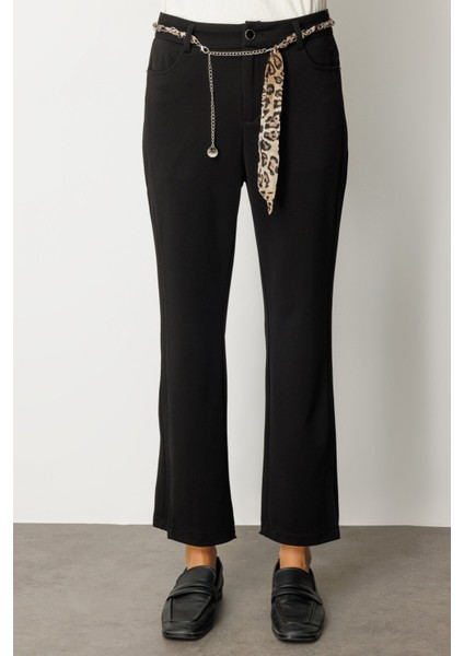 Kadın Paçası Yırtmaçlı Zincir Kemerli Pantolon 1901 Siyah modelleri