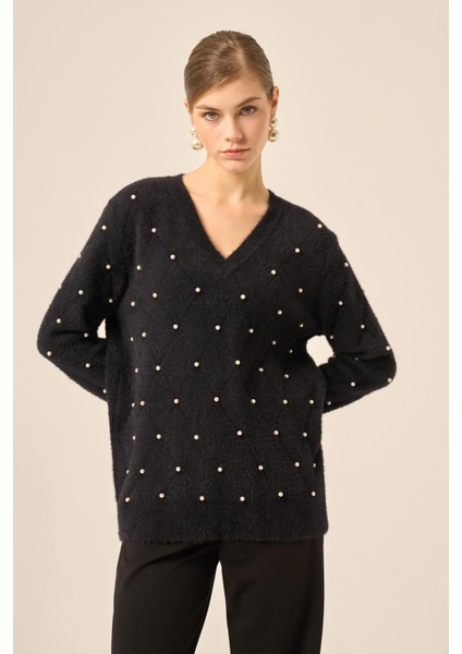 Kadın Inci Detaylı Kazak Siyah 25057