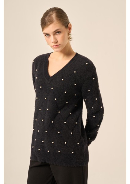 Kadın Inci Detaylı Kazak Siyah 25057 fiyatları