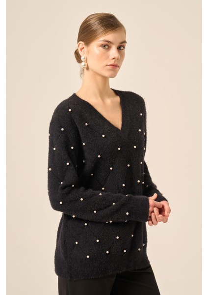 Kadın Inci Detaylı Kazak Siyah 25057 modelleri