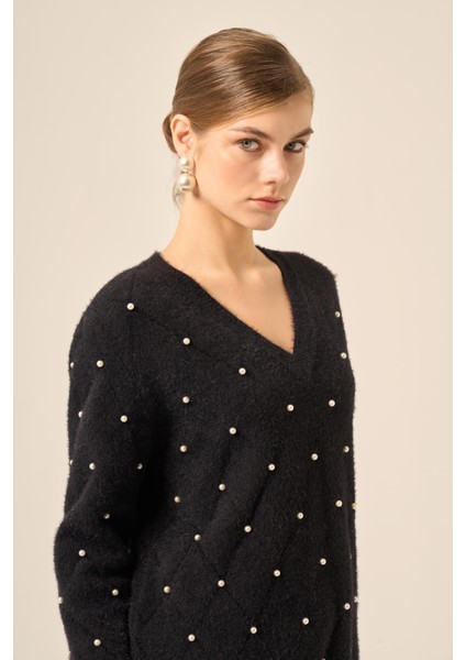 Kadın Inci Detaylı Kazak Siyah 25057 fırsatları