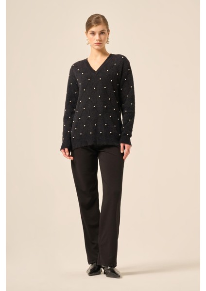 Kadın Inci Detaylı Kazak Siyah 25057