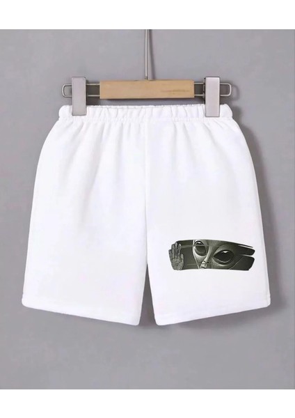 Kadın Beli Lastikli Baskılı Mini Şort - Beyaz