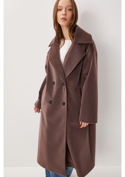 Kruvaze Yaka Oversize Kaşe Kaban LFG0173 Kahverengi fiyatları