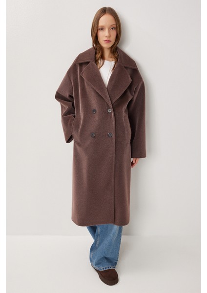 Kruvaze Yaka Oversize Kaşe Kaban LFG0173 Kahverengi modelleri