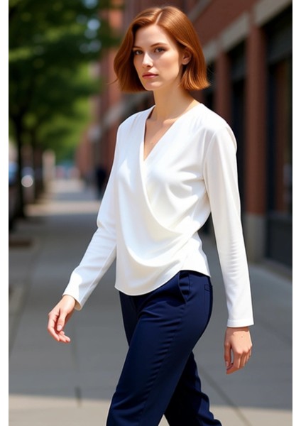 Kadın Regular Kalıp V Yaka Kruvaze Kapama Saten Dokuma Bluz Günlük Kullanım Için Ideal