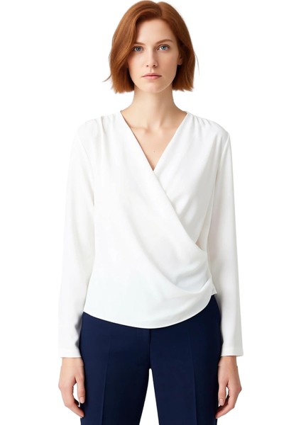 Kadın Regular Kalıp V Yaka Kruvaze Kapama Saten Dokuma Bluz Günlük Kullanım Için Ideal modelleri