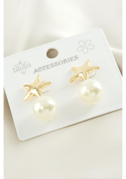 Yzlal Yıldız Metal Inci Küpe-Sarı