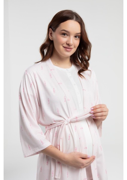 Pembe Çizgili 3'lü Lohusa Pijama Seti