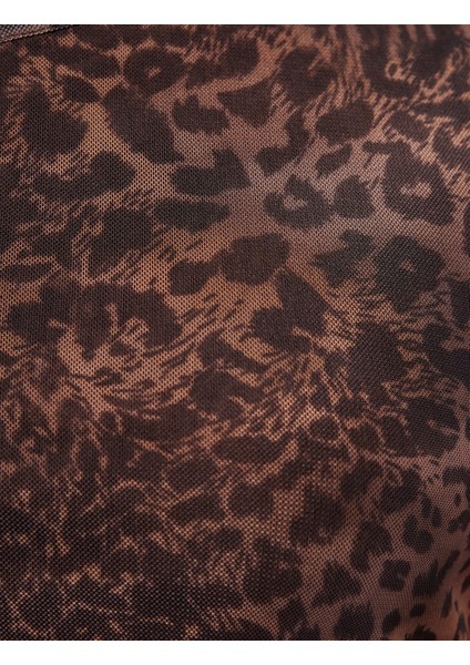 Kolsuz Bisiklet Yaka Yırtmaçlı Drapeli Tül Midi Leopar Elbise