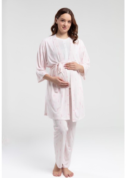 Pembe Çizgili 3'lü Lohusa Pijama Seti modelleri