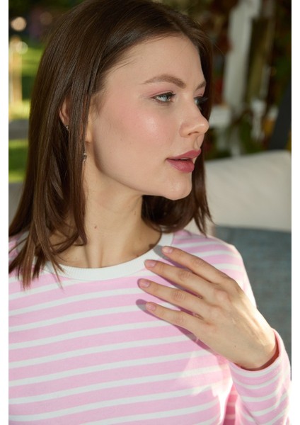 3 Iplik Şardonsuz Çizgili Bisiklet Yaka Sweatshirt modelleri