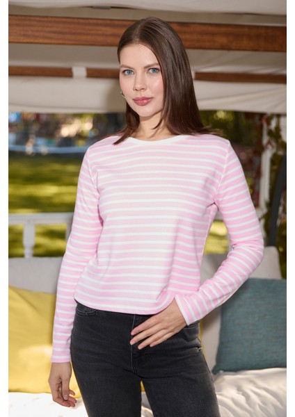 3 Iplik Şardonsuz Çizgili Bisiklet Yaka Sweatshirt fırsatları