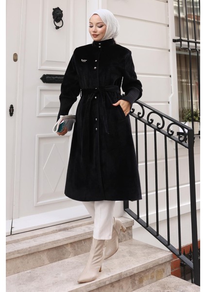 Broş Detaylı Kaban Siyah 19279