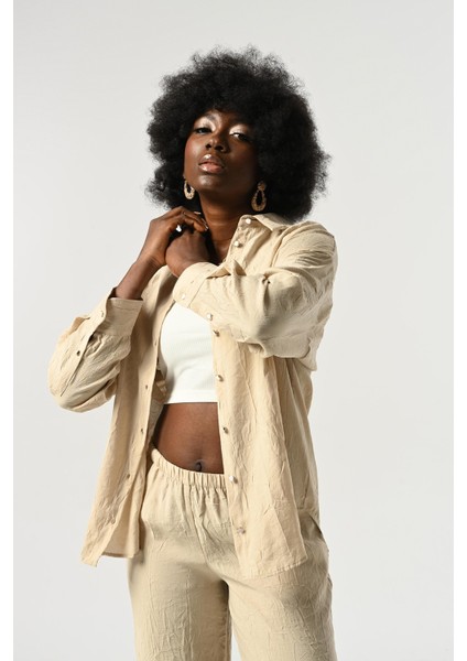 Kadın Düğme Detaylı Kırışık Kumaş Düz Renk Gömlek modelleri