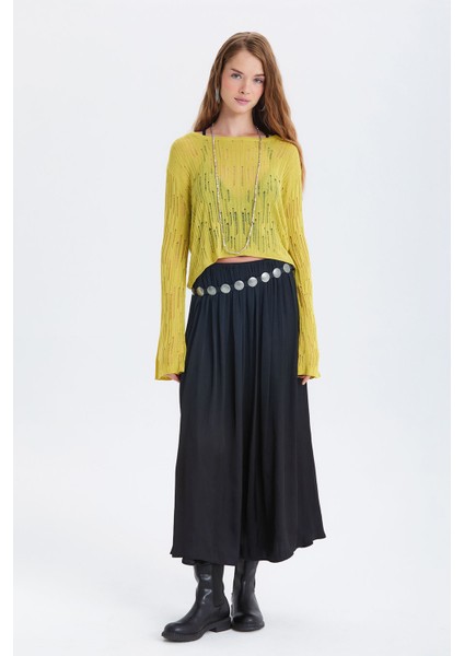 Saten Dökümlü Uzun Etek Siyah