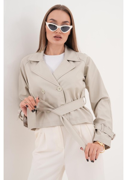 Kuşaklı Astarlı Kısa Trençkot Taş