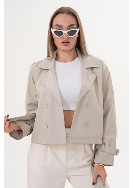 Kuşaklı Astarlı Kısa Trençkot Taş modelleri