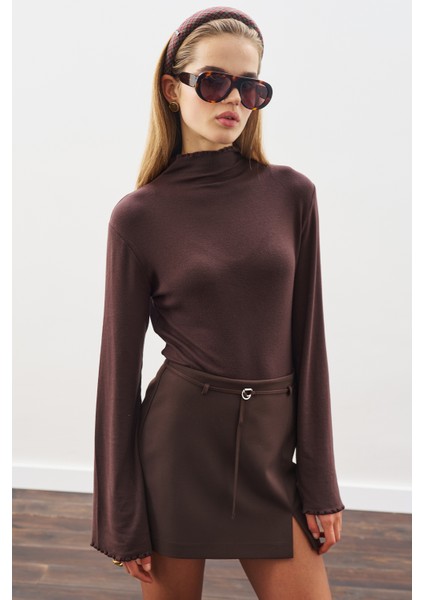 Balıkçı Yaka Bluz Acı Kahve