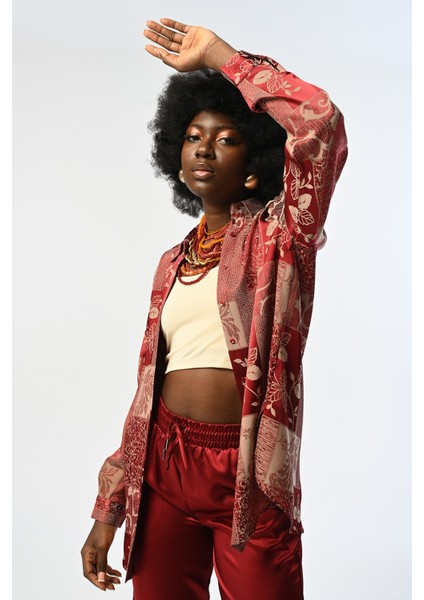 Kadın Bordo Karışık Desenli Oversize Kesim Gömlek