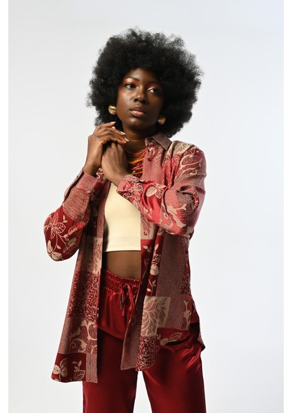 Kadın Bordo Karışık Desenli Oversize Kesim Gömlek fiyatları