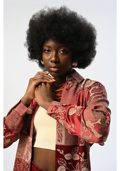 Kadın Bordo Karışık Desenli Oversize Kesim Gömlek modelleri