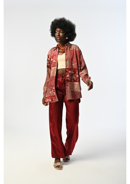 Kadın Bordo Karışık Desenli Oversize Kesim Gömlek fırsatları