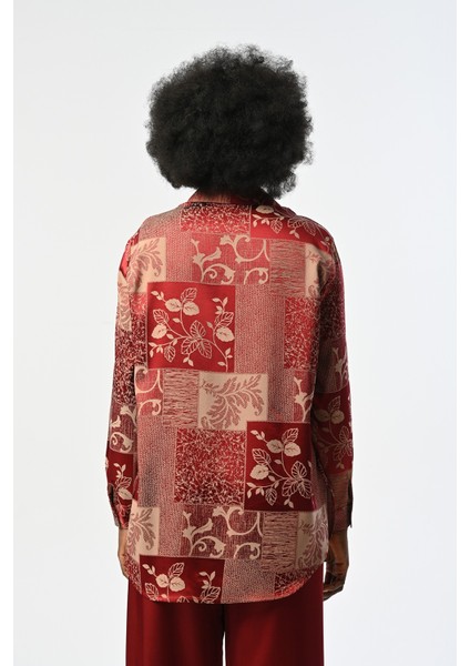 Kadın Bordo Karışık Desenli Oversize Kesim Gömlek indirimleri