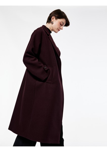 Uzun Kollu Cepli Düğmeli Kruvaze Uzun Kaşe Kaban