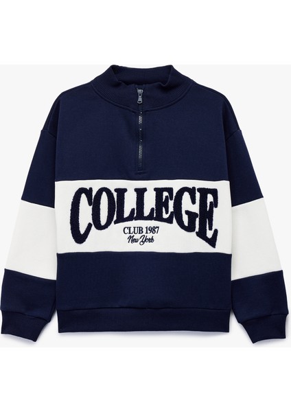 Uzun Kollu Yarım Fermuarlı Dik Yaka Nakışlı Oversize Sweatshirt