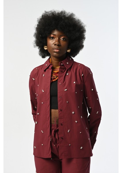 Kadın Önü ve Kolları Taşlı Pamuklu Bordo Renk Gömlek