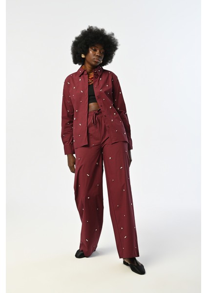 Kadın Önü ve Kolları Taşlı Pamuklu Bordo Renk Gömlek fiyatları