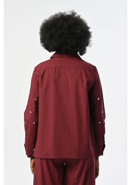 Kadın Önü ve Kolları Taşlı Pamuklu Bordo Renk Gömlek indirimleri