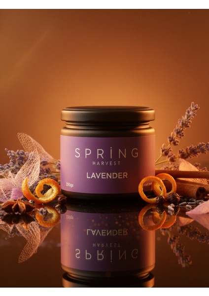 Spring – Özel Tasarım Lavanta Kokulu Mum (250GR) Doğal Vegan Soya Wax | Ahşap Fitil | Özel Cam Kavanoz