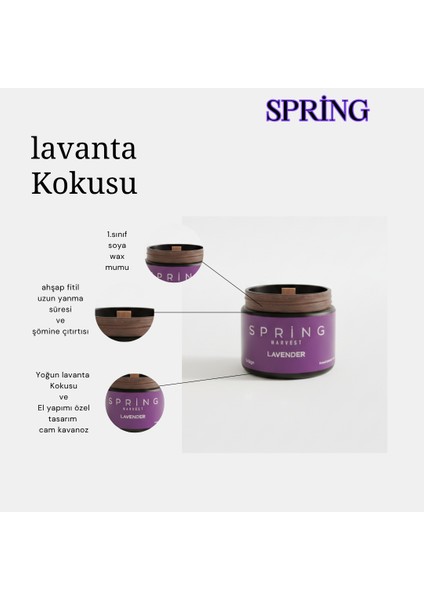 Spring – Özel Tasarım Lavanta Kokulu Mum (250GR) Doğal Vegan Soya Wax | Ahşap Fitil | Özel Cam Kavanoz modelleri