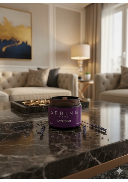 Spring – Özel Tasarım Lavanta Kokulu Mum (250GR) Doğal Vegan Soya Wax | Ahşap Fitil | Özel Cam Kavanoz