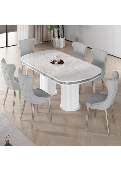Galya Serisi Lak Panel 90X168 Sabit Beyaz Mermer Desen Mutfak Masa Takımı 6 Sandalye