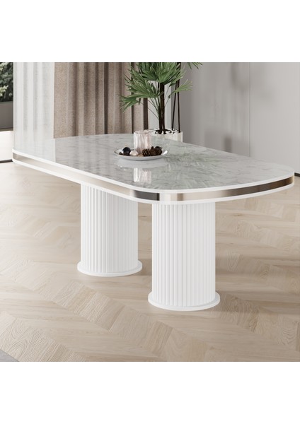 Galya Serisi Lak Panel 90X168 Sabit Beyaz Mermer Desen Mutfak Masa Takımı 6 Sandalye modelleri