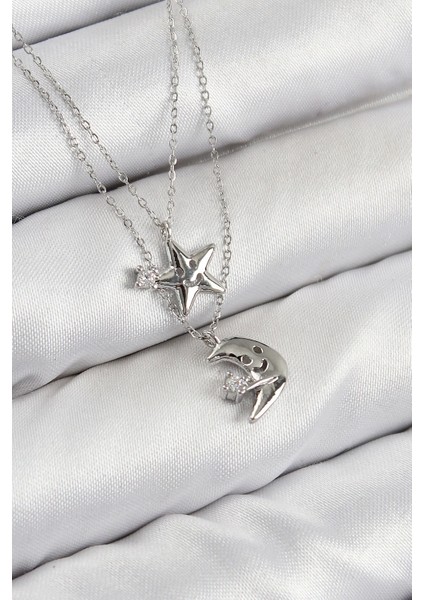 Bfs Pirinç Zirkon Taşlı Yıldız ve Ay Model Gümüş Renk Kadın Kolye