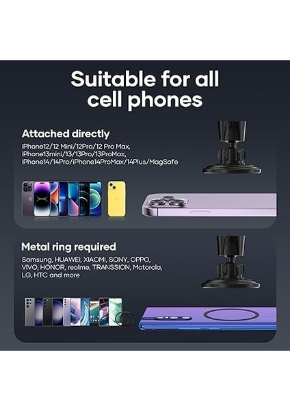 Otomobil Cep Telefonu Tutucu, Titreşim Önleyici Mag-Safe Araç Tutucu, iPhone 14/13/12 Serisi ve Tüm Akıllı Telefonlar Için, Araç Tutucu, 360° Dönebilir, Mıknatıslı Cep Telefonu Tutucu, Araç modelleri