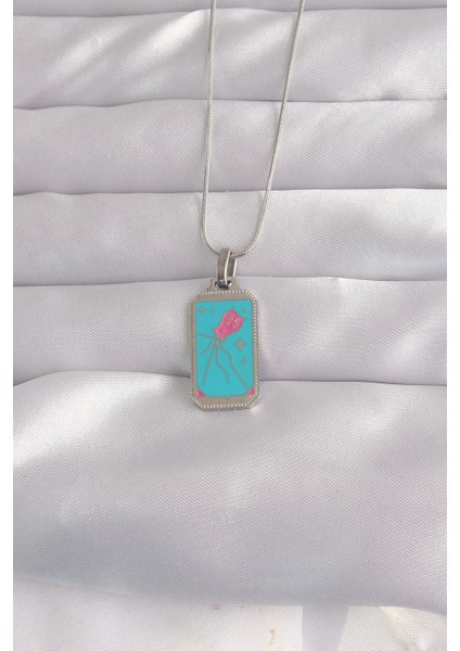 316L Çelik Gümüş Renk Mavi Mineli Tarot Kolye - TJ-BKO9046