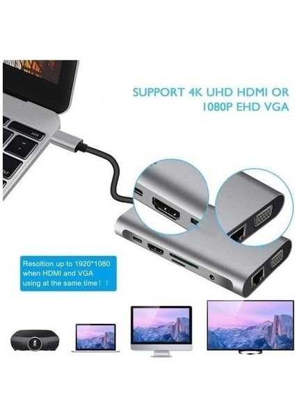 FC31 Macbook Uyumlu Type-C™ Usb-C To 4* USB 3.0 4K 1080P Hd HDMI VGA RJ45 Pd Aux Ses Sd Tf Kart 11IN1 Çevirici Hub Adaptör modelleri