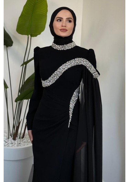 Feriha Yandan Pelerinli Taşlı Özel Tasarım Abiye Siyah fiyatları