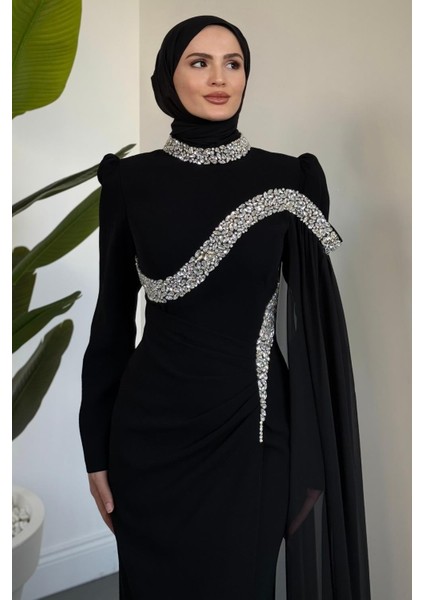 Feriha Yandan Pelerinli Taşlı Özel Tasarım Abiye Siyah modelleri
